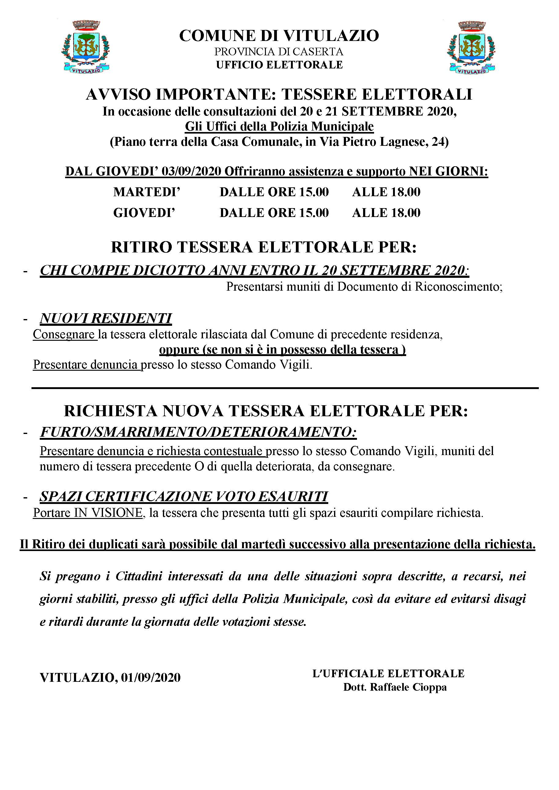 AVVISO IMPORTANTE: RITIRO TESSERE ELETTORALI