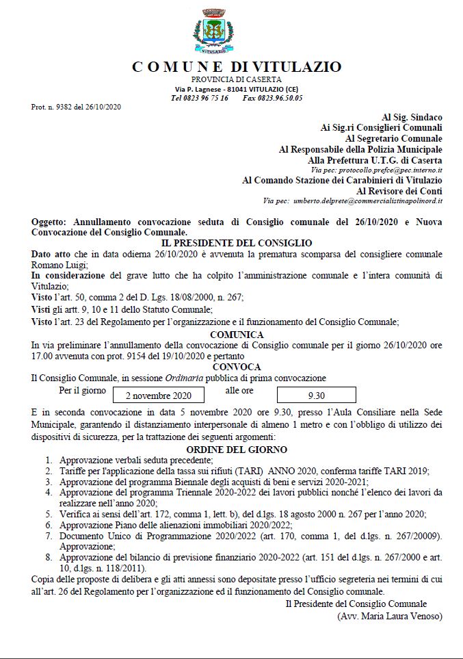 ANNULLAMENTO DELLA CONVOCAZIONE DEL CONSIGLIO COMUNALE E NUOVA CONVOCAZIONE